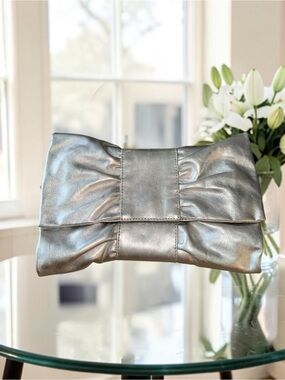 Furla Metallic Silver Leather Gathered Bow Evening Clutch Bag EUC